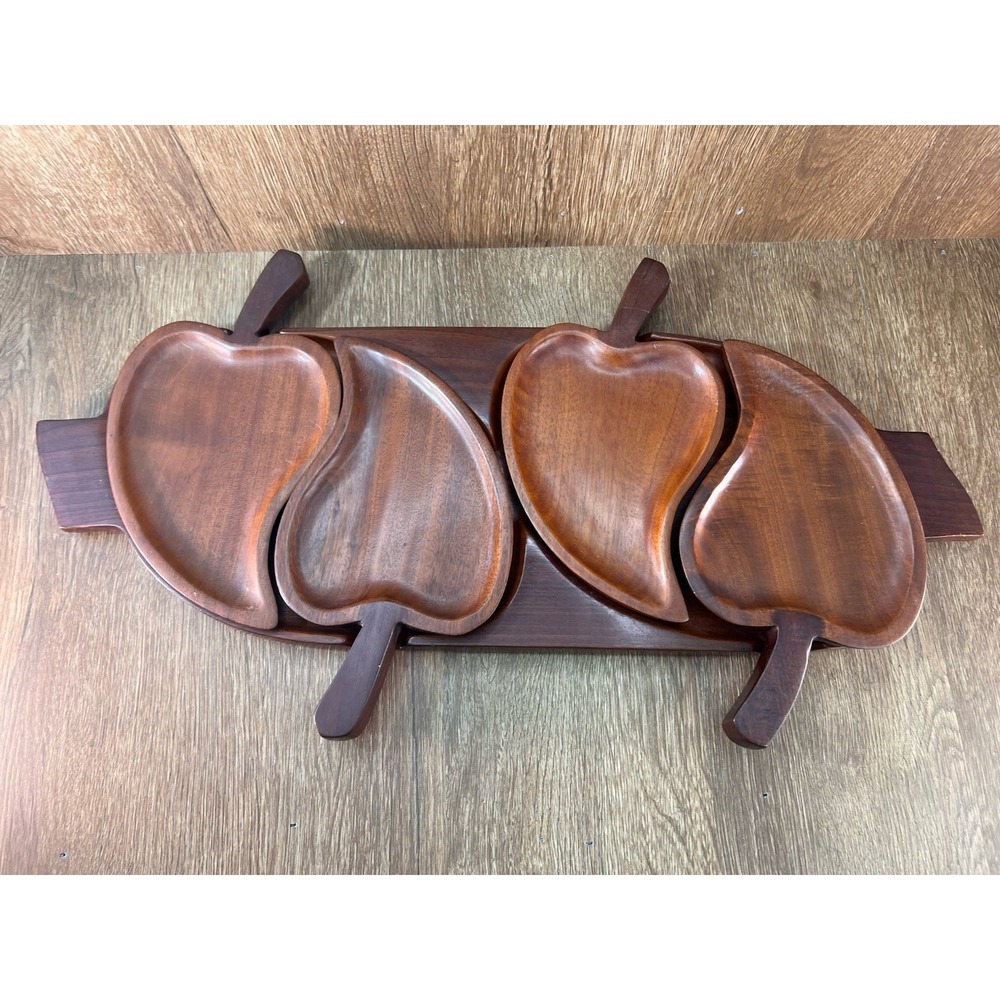 Vintage Handmade in Haiti Mahogany Wood 5 Piece Leaf Serving Tray Set MCM